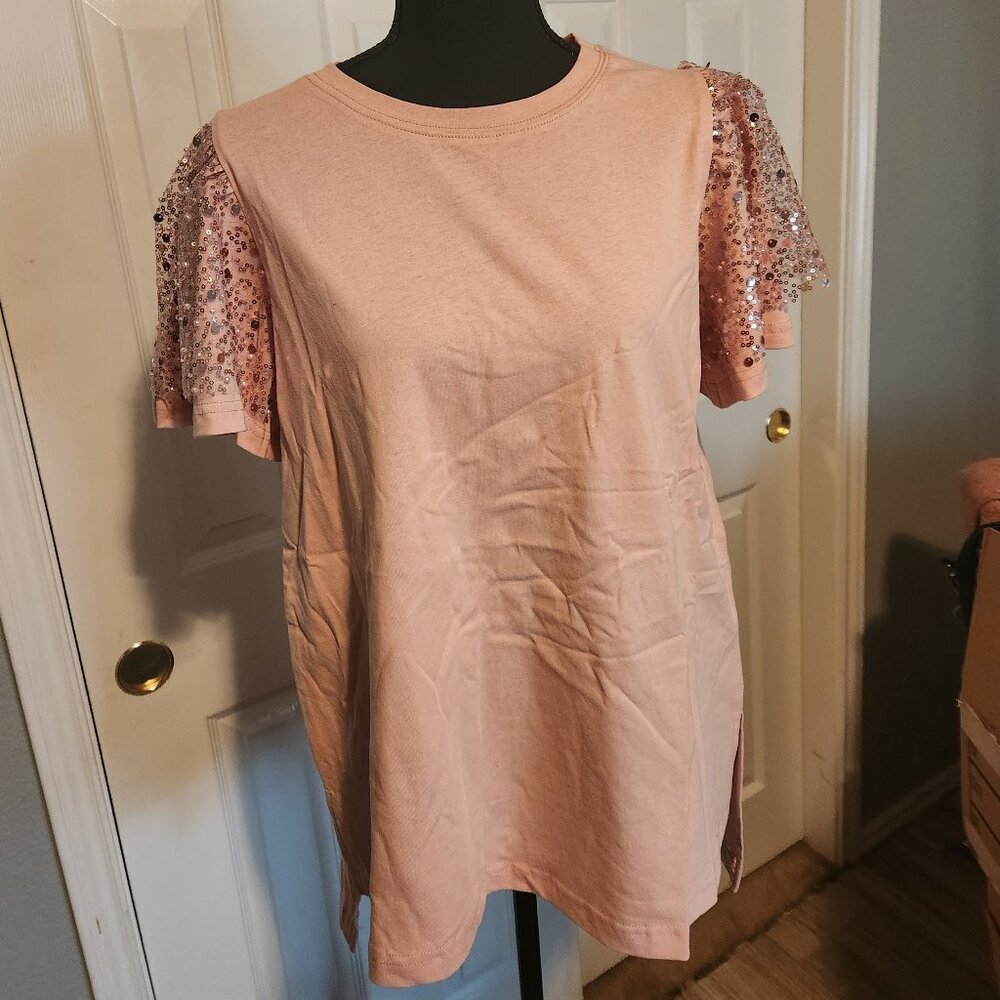 NEW Blush Come Tee with Sparkle Sleeves